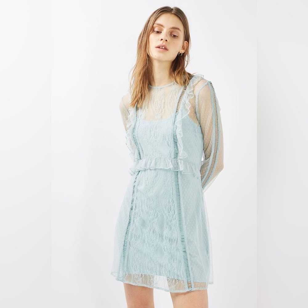 Topshop Light Blue Dobby Lace Skater Dress - Picture 1 of 11